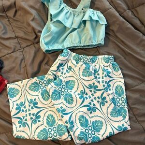 Blue Ruffle Top and Patterned Pants Set